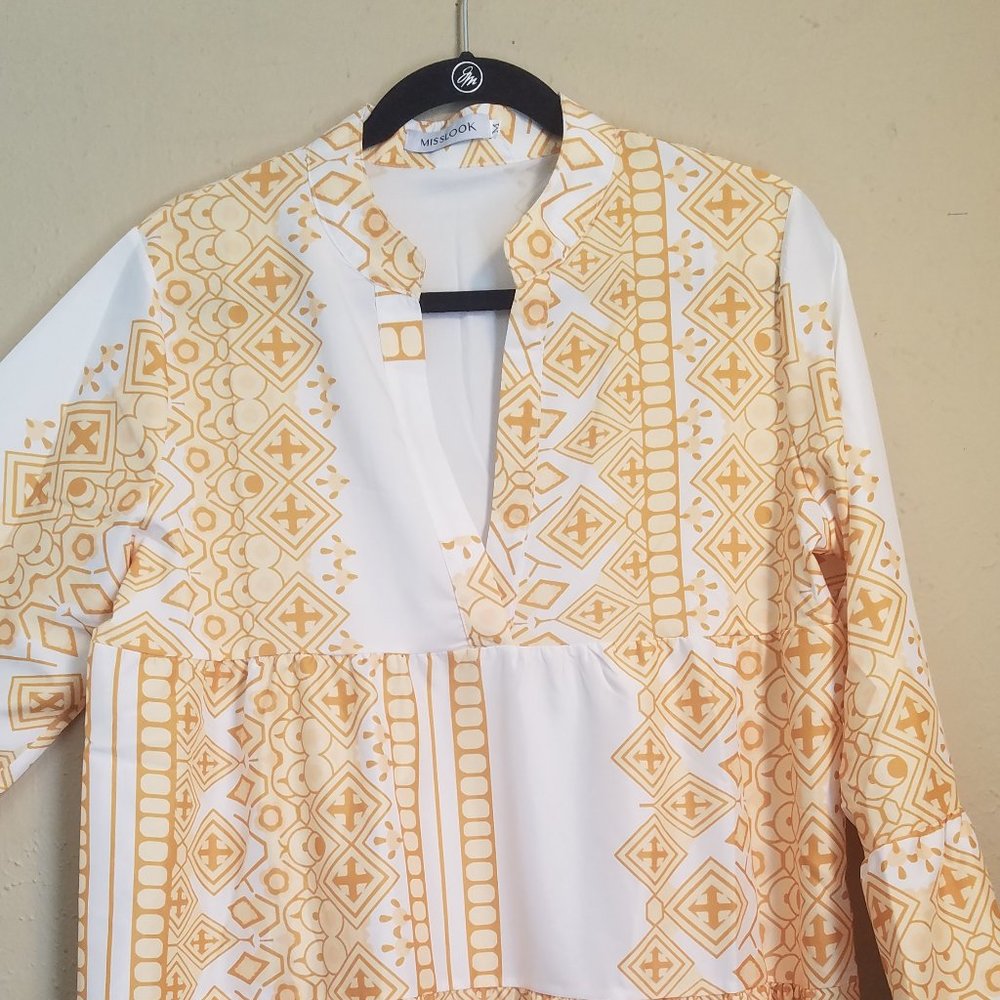 Miss Look Boho Tunic Dress, #494379, Yellow and White, Long Bell Sleeves, Size M